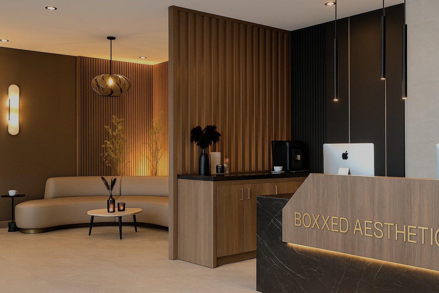 Boxxed Aesthetics & Wellness reception: a polished-gold wordmark on a black marble desk, warm wood millwork, and a curved lounge.