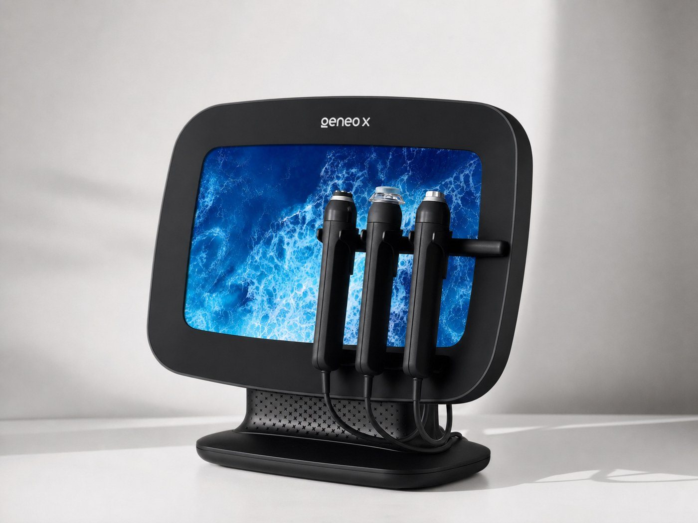 The Geneo X platform: the device behind the OxyGeneo Super Facial, with its treatment handpieces and touchscreen.